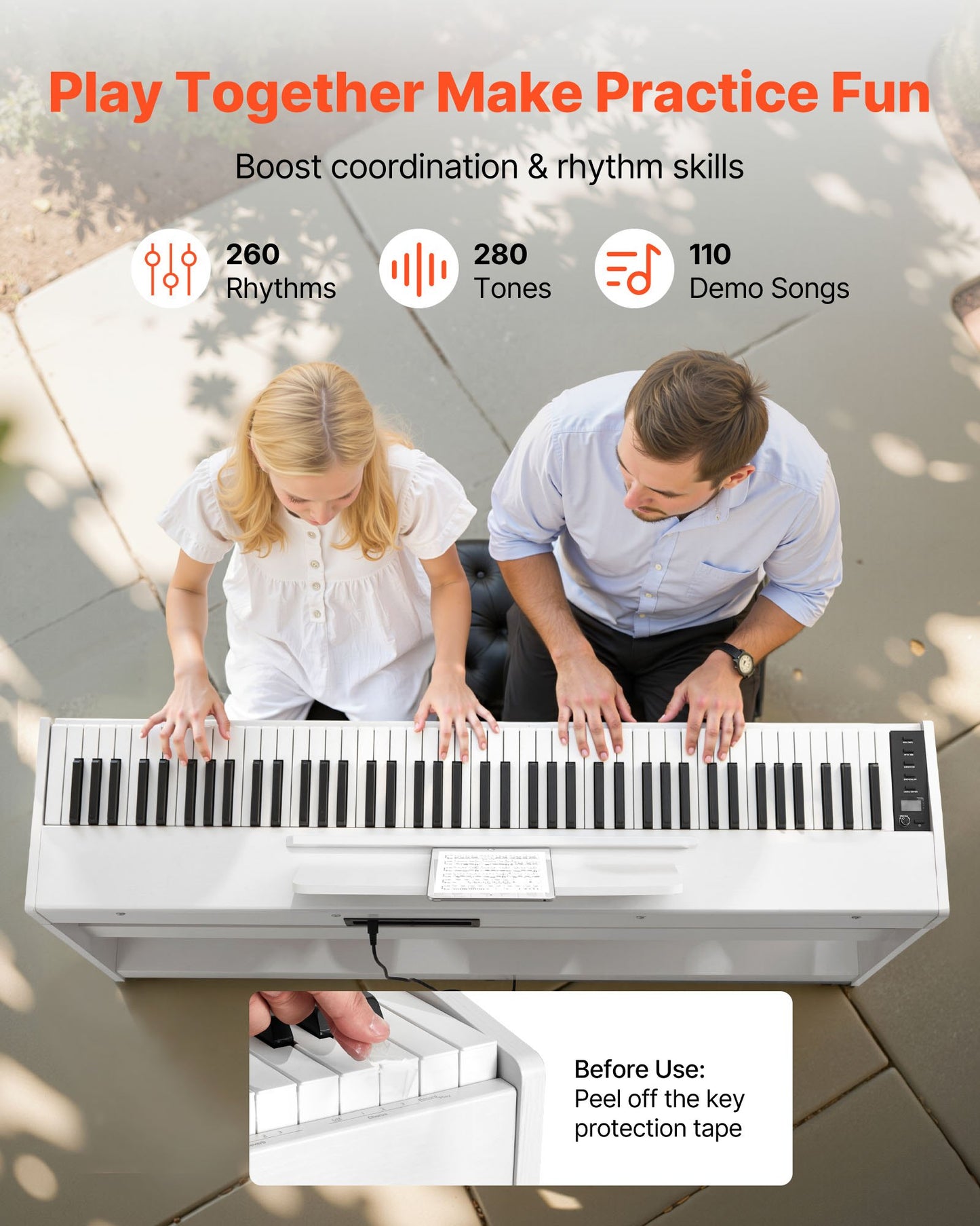 Viktat digitalpiano, 88 tangenter fullt viktade, elektriskt pianokeyboard med möbelstativ, nätadapter, trippelpedal, inspelningsfunktion, 280 toner, trådlös anslutning, för nybörjare, vit