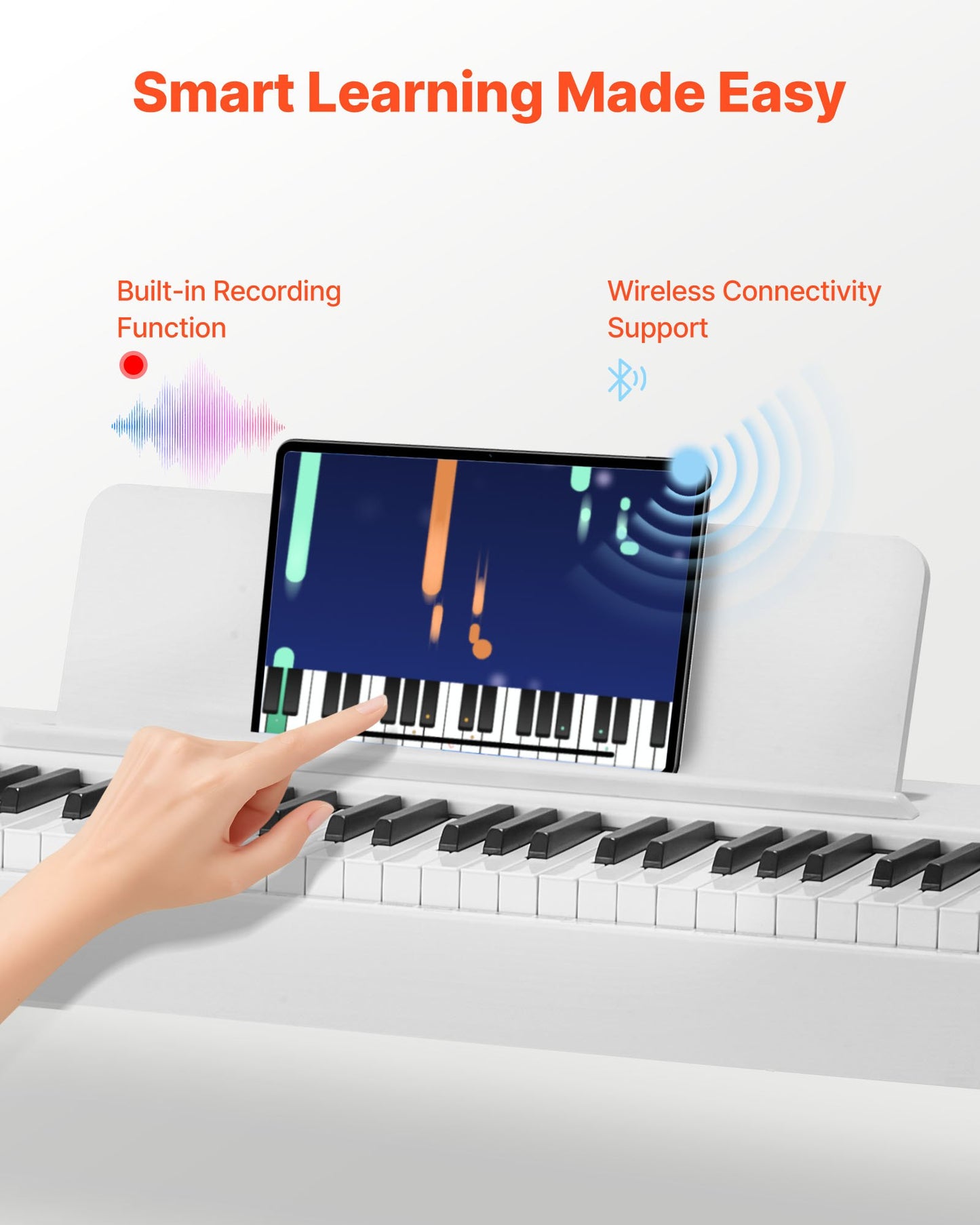 Viktat digitalpiano, 88 tangenter fullt viktade, elektriskt pianokeyboard med möbelstativ, nätadapter, trippelpedal, inspelningsfunktion, 280 toner, trådlös anslutning, för nybörjare, vit