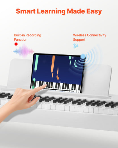 Viktat digitalpiano, 88 tangenter fullt viktade, elektriskt pianokeyboard med möbelstativ, nätadapter, trippelpedal, inspelningsfunktion, 280 toner, trådlös anslutning, för nybörjare, vit