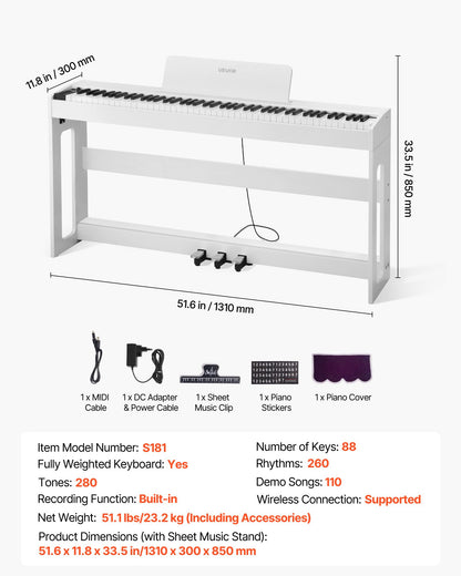 Viktat digitalpiano, 88 tangenter fullt viktade, elektriskt pianokeyboard med möbelstativ, nätadapter, trippelpedal, inspelningsfunktion, 280 toner, trådlös anslutning, för nybörjare, vit