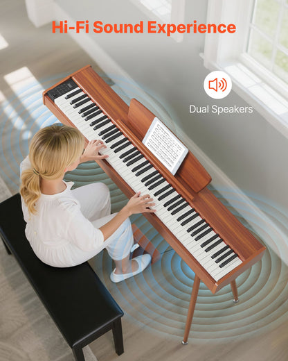 Viktat digitalpiano, 88 tangenter fullt viktade, elektriskt pianokeyboard med notställ, trippelpedal, nätadapter, 280 toner, stöd för trådlös anslutning, för nybörjare, träfärgad