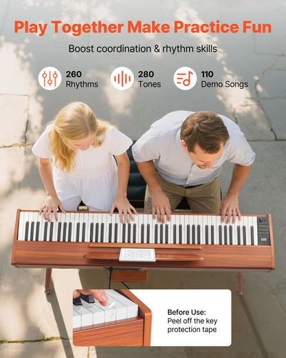 Viktat digitalpiano, 88 tangenter fullt viktade, elektriskt pianokeyboard med notställ, trippelpedal, nätadapter, 280 toner, stöd för trådlös anslutning, för nybörjare, träfärgad