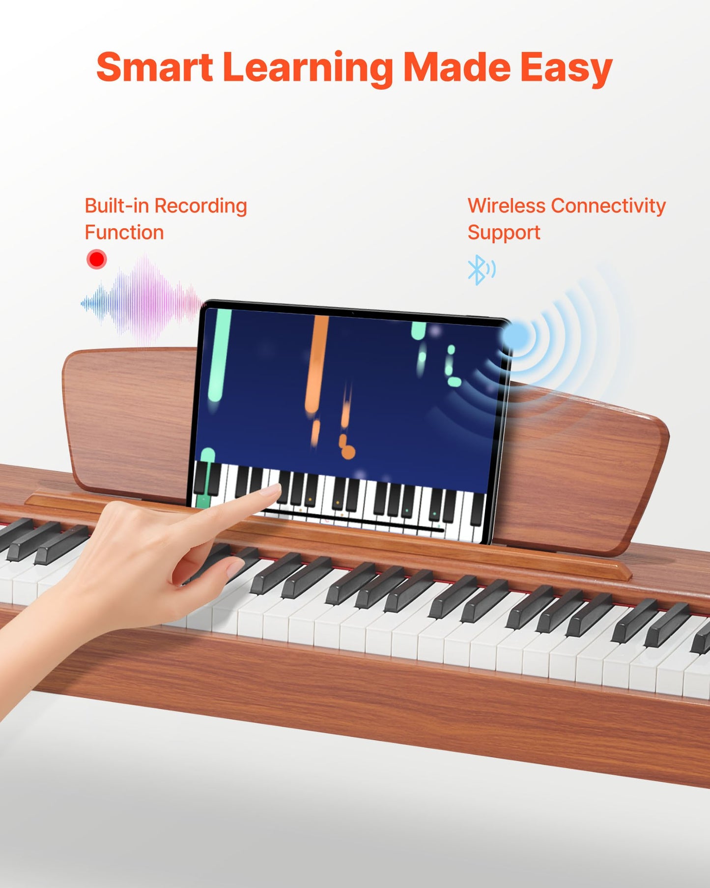 Viktat digitalpiano, 88 tangenter fullt viktade, elektriskt pianokeyboard med notställ, trippelpedal, nätadapter, 280 toner, stöd för trådlös anslutning, för nybörjare, träfärgad