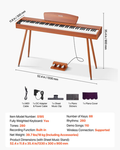 Viktat digitalpiano, 88 tangenter fullt viktade, elektriskt pianokeyboard med notställ, trippelpedal, nätadapter, 280 toner, stöd för trådlös anslutning, för nybörjare, träfärgad