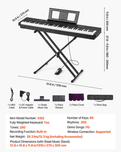 Weighted Digital Piano, 88 Keys Fully Weighted, Electric Piano Dual Keyboard & Speakers with X Stand, Sustain Pedal, Recording Function, 280 Tones, Wireless Connection, for Beginners, Black