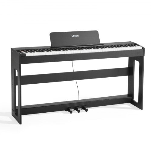 Viktat digitalpiano, 88 tangenter fullt viktade, elektriskt pianokeyboard med möbelstativ, nätadapter, trippelpedal, inspelningsfunktion, 280 toner, trådlös anslutning, för nybörjare, svart