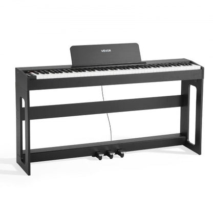 Viktat digitalpiano, 88 tangenter fullt viktade, elektriskt pianokeyboard med möbelstativ, nätadapter, trippelpedal, inspelningsfunktion, 280 toner, trådlös anslutning, för nybörjare, svart