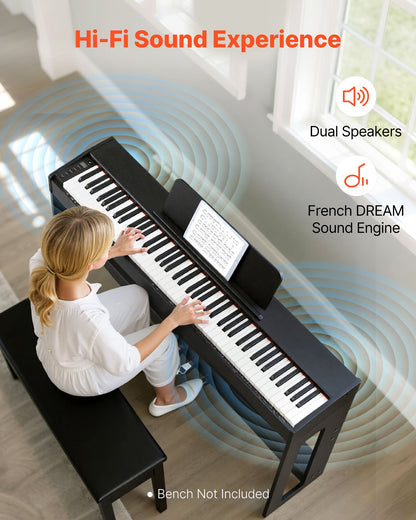 Viktat digitalpiano, 88 tangenter fullt viktade, elektriskt pianokeyboard med möbelstativ, nätadapter, trippelpedal, inspelningsfunktion, 280 toner, trådlös anslutning, för nybörjare, svart