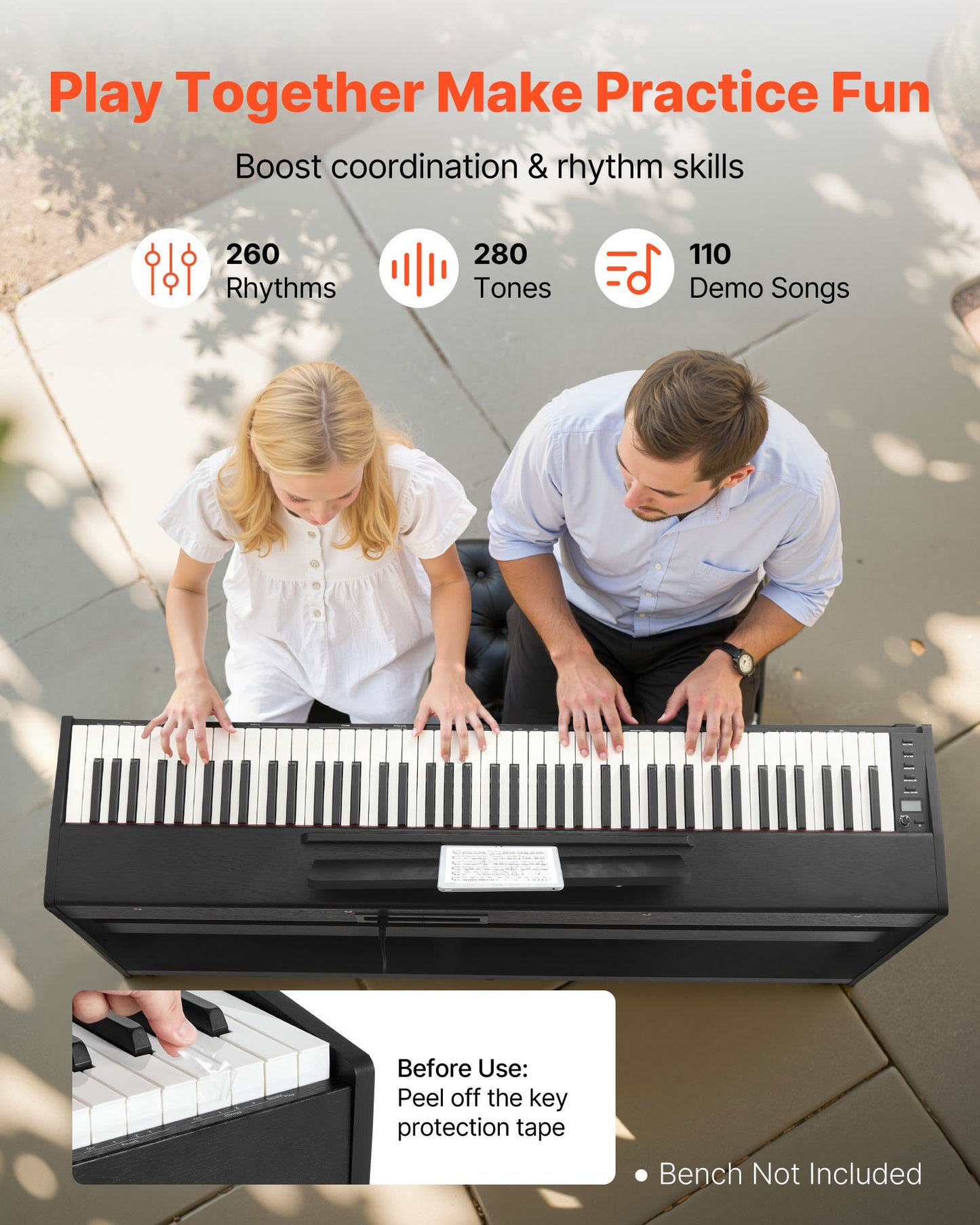 Viktat digitalpiano, 88 tangenter fullt viktade, elektriskt pianokeyboard med möbelstativ, nätadapter, trippelpedal, inspelningsfunktion, 280 toner, trådlös anslutning, för nybörjare, svart