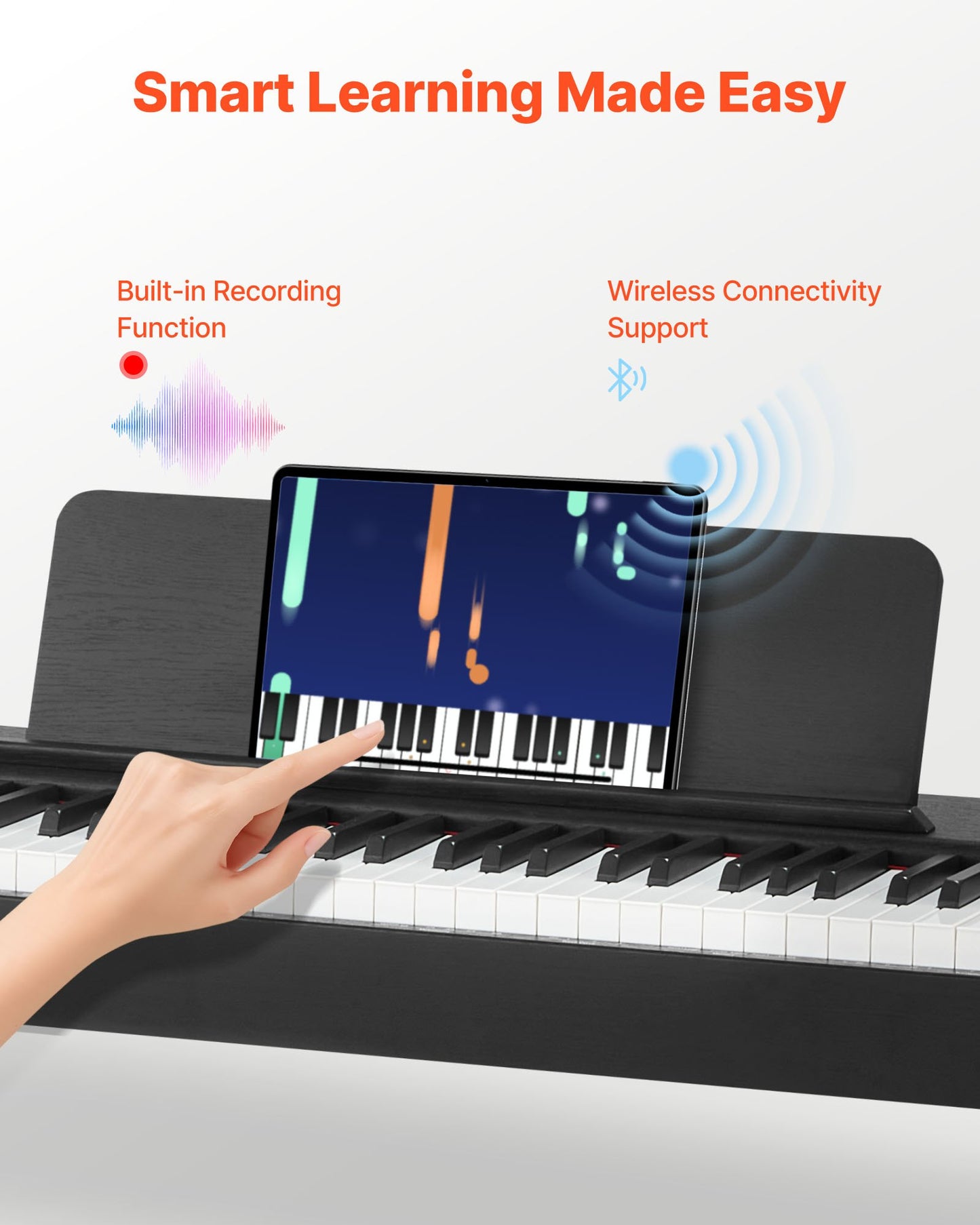 Viktat digitalpiano, 88 tangenter fullt viktade, elektriskt pianokeyboard med möbelstativ, nätadapter, trippelpedal, inspelningsfunktion, 280 toner, trådlös anslutning, för nybörjare, svart
