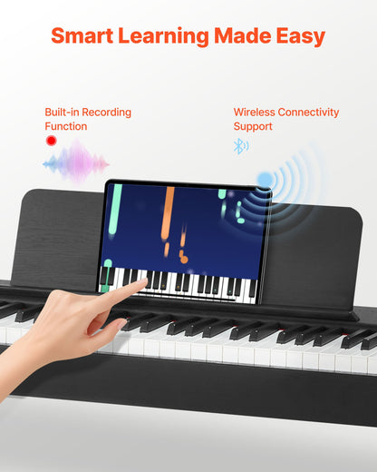 Viktat digitalpiano, 88 tangenter fullt viktade, elektriskt pianokeyboard med möbelstativ, nätadapter, trippelpedal, inspelningsfunktion, 280 toner, trådlös anslutning, för nybörjare, svart