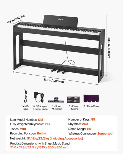 Viktat digitalpiano, 88 tangenter fullt viktade, elektriskt pianokeyboard med möbelstativ, nätadapter, trippelpedal, inspelningsfunktion, 280 toner, trådlös anslutning, för nybörjare, svart