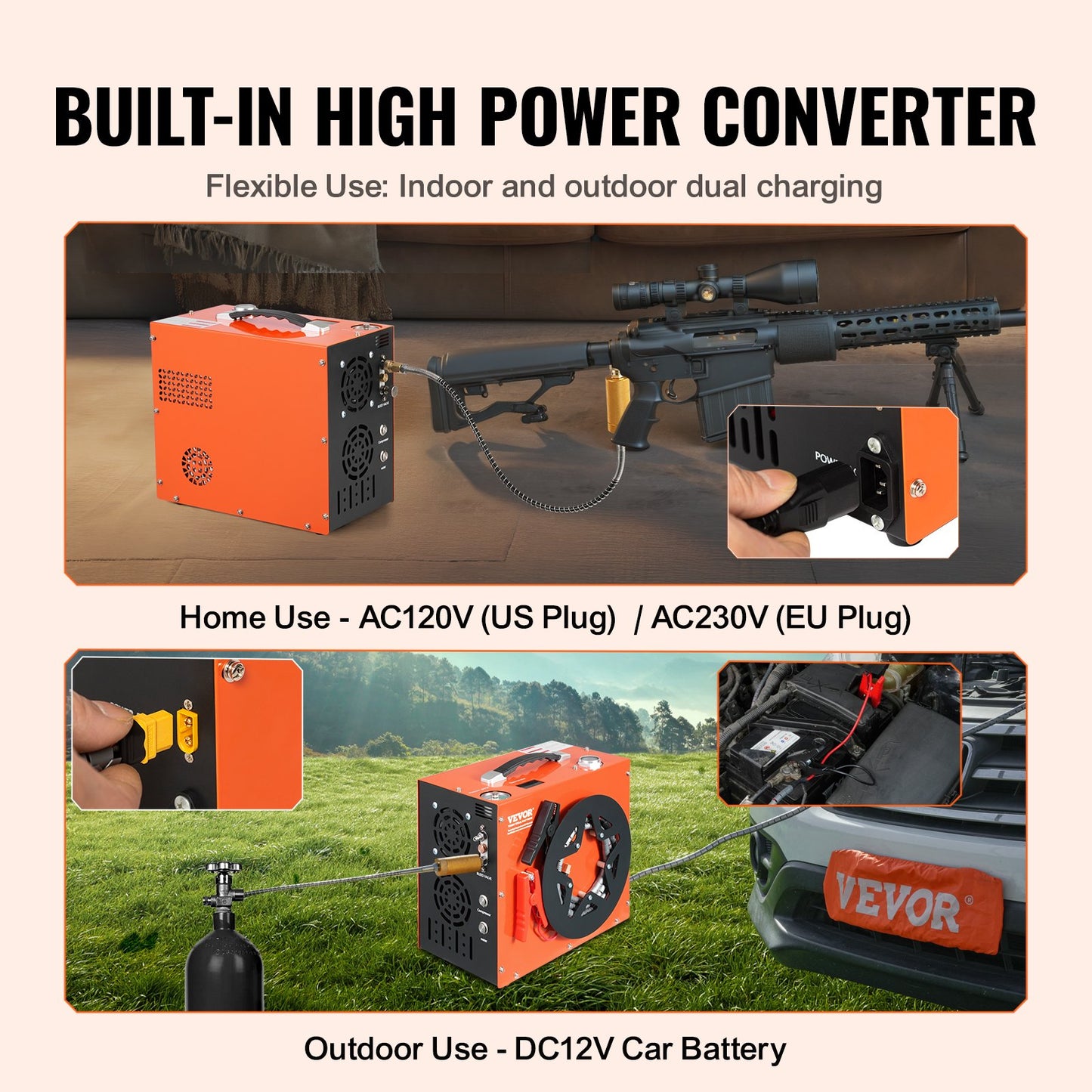 PCP-luftkompressor, 4500PSI/30Mpa bärbar PCP-luftgevärskompressor - Inbyggt vatten- och fläktkylsystem, autostopp | DC12V/AC230V paintballtankkompressor för luftgevär, dykflaska