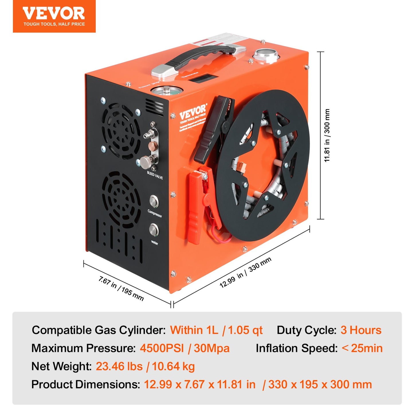 PCP-luftkompressor, 4500PSI/30Mpa bärbar PCP-luftgevärskompressor - Inbyggt vatten- och fläktkylsystem, autostopp | DC12V/AC230V paintballtankkompressor för luftgevär, dykflaska