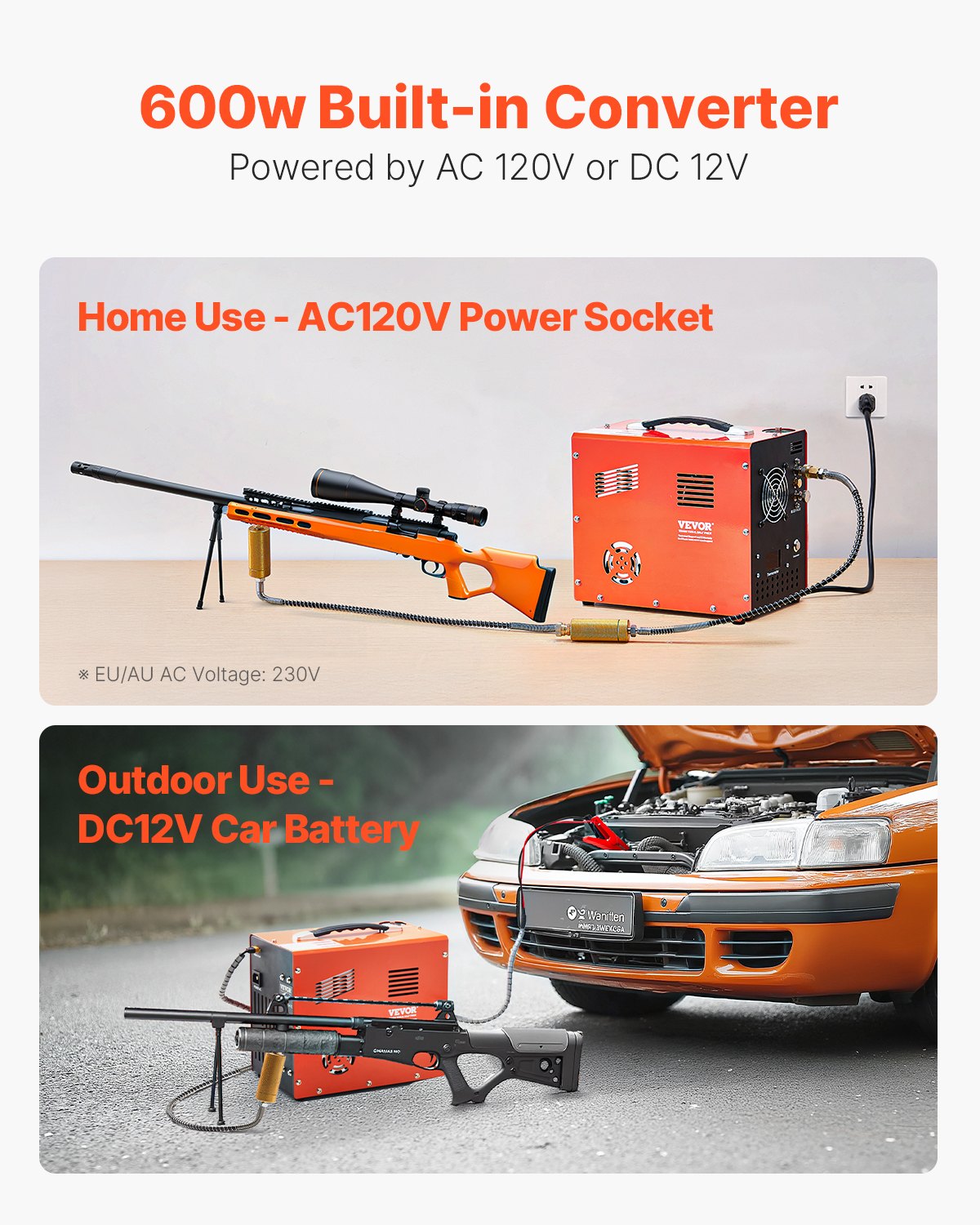 PCP-luftkompressor, 4500PSI/30Mpa bärbar PCP-luftgevärskompressor med inbyggd omvandlare och fläktkylsystem, DC12V/AC230V manuellt stoppluftgevärs-, paintball- och dykflaskkompressorpump