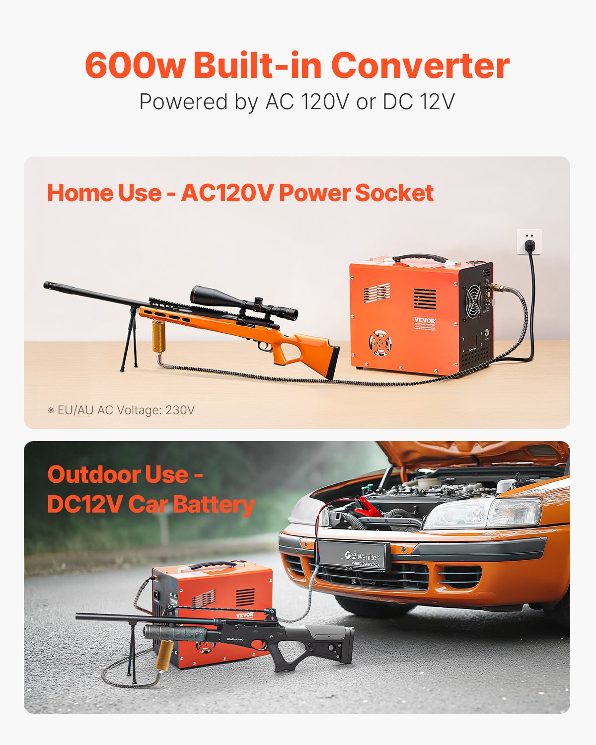 PCP-luftkompressor, 4500PSI/30Mpa PCP-luftgevärskompressor med inbyggd omvandlare och fläktkylsystem, automatisk stopp DC12V/AC230V bärbar paintballtankkompressor för luftgevär, dykflaska