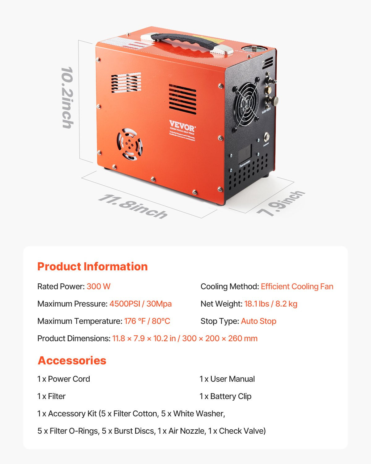 PCP-luftkompressor, 4500PSI/30Mpa PCP-luftgevärskompressor med inbyggd omvandlare och fläktkylsystem, automatisk stopp DC12V/AC230V bärbar paintballtankkompressor för luftgevär, dykflaska