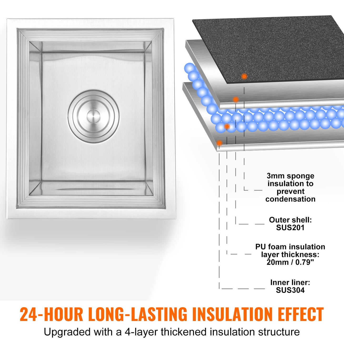 Nedsänkbar kylbox, 35 cm L x 30 cm B x 43 cm H rostfritt stål iskylare, kommersiell islåda med lock, 1,2 l isbar för utomhuskök, avloppsrör och avtappningsplugg ingår, för kallt vin och öl