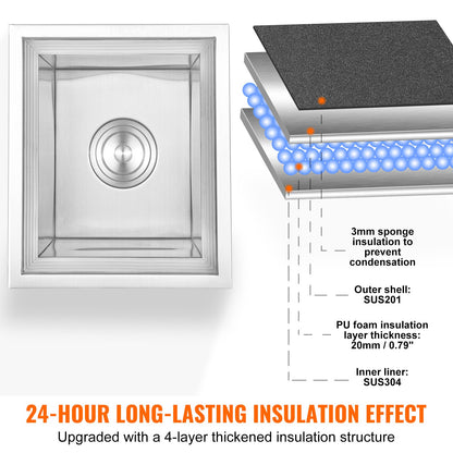 Nedsänkbar kylbox, 35 cm L x 30 cm B x 43 cm H rostfritt stål iskylare, kommersiell islåda med lock, 1,2 l isbar för utomhuskök, avloppsrör och avtappningsplugg ingår, för kallt vin och öl