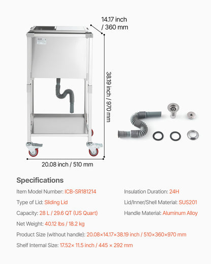 Rullande kylboxvagn, 20"L x 14"B x 38"H (510 x 360 x 970 mm) kylbox i rostfritt stål på hjul, 28L stående kylvagn för utomhusbruk med hyllplan, för uteplats, bakgård, festbar
