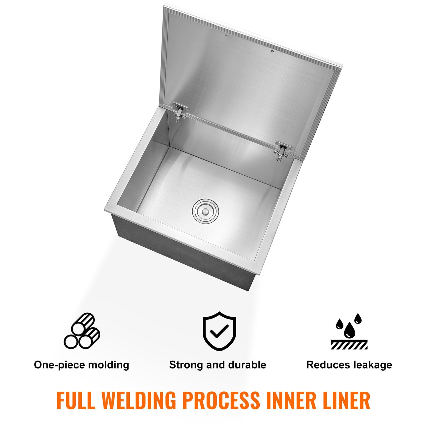 Nedsänkbar kylbox, 68 cm L x 40 cm B x 43 cm H Iskylare i rostfritt stål, kommersiell islåda med gångjärnsförsett lock, 1,2 liter isbar för utomhuskök, avloppsrör och avtappningsplugg ingår, för kallt vin och öl