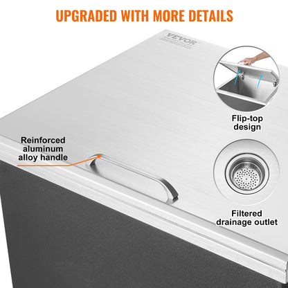 Nedsänkbar kylbox, 68 cm L x 40 cm B x 43 cm H Iskylare i rostfritt stål, kommersiell islåda med gångjärnsförsett lock, 1,2 liter isbar för utomhuskök, avloppsrör och avtappningsplugg ingår, för kallt vin och öl