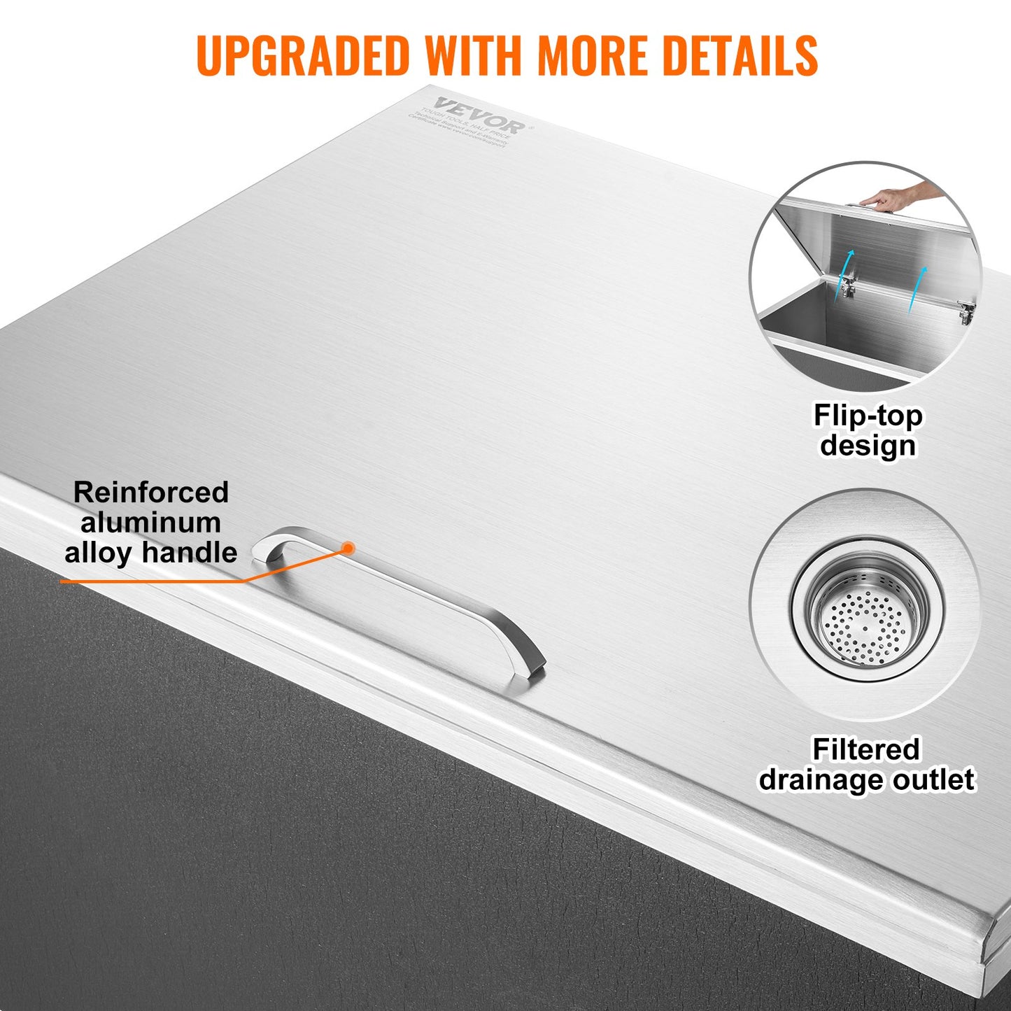 Drop in Ice Chest, 28"L x 20"W x 17"H Stainless Steel Ice Cooler, Commercial Ice Bin with Hinged Cover, 40 qt Outdoor Kitchen Ice Bar, Drain-pipe and Drain Plug Included, for Cold Wine Beer