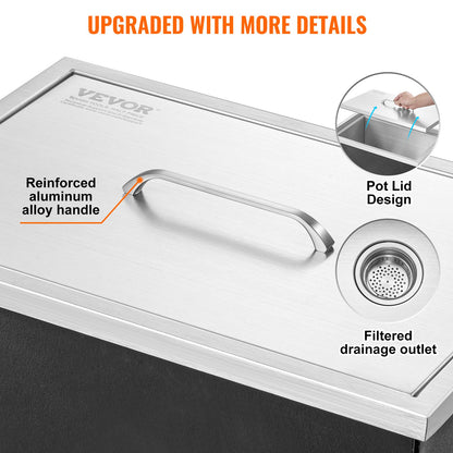 Nedsänkbar kylbox, 51 cm L x 36 cm B x 30,5 cm H Iskylare i rostfritt stål, kommersiell islåda med lock, 37,9 l isbar för utomhuskök, avloppsrör och avtappningsplugg ingår, för kallt vin och öl