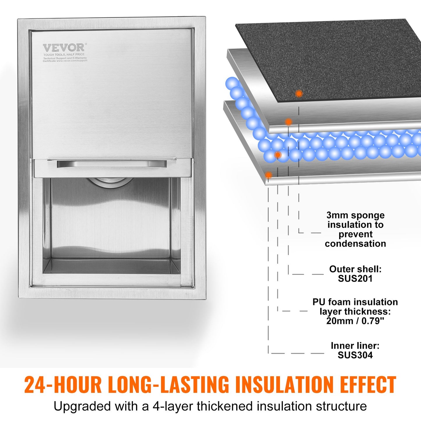 Nedsänkbar kylbox, 46 cm L x 30,5 cm B x 36,8 cm H Iskylare i rostfritt stål, kommersiell islåda med skjutbart lock, 38,7 l isbar för utomhuskök, avloppsrör och avtappningsplugg ingår, för kallt vin och öl