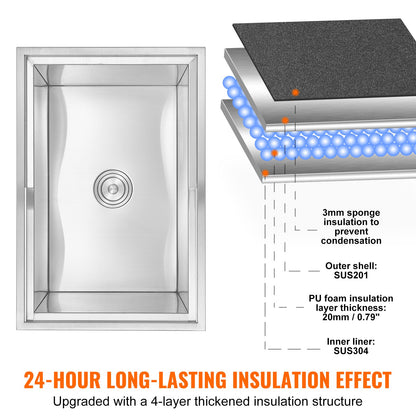 Nedsänkbar kylbox, 63 cm L x 43 cm B x 51 cm H Iskylare i rostfritt stål, kommersiell islåda med skjutbart lock, 1,8 l isbar för utomhuskök, avloppsrör och avtappningsplugg ingår, för kallt vin och öl