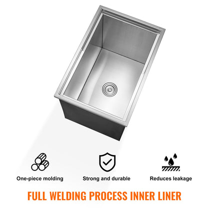 Nedsänkbar kylbox, 63 cm L x 43 cm B x 51 cm H Iskylare i rostfritt stål, kommersiell islåda med skjutbart lock, 1,8 l isbar för utomhuskök, avloppsrör och avtappningsplugg ingår, för kallt vin och öl