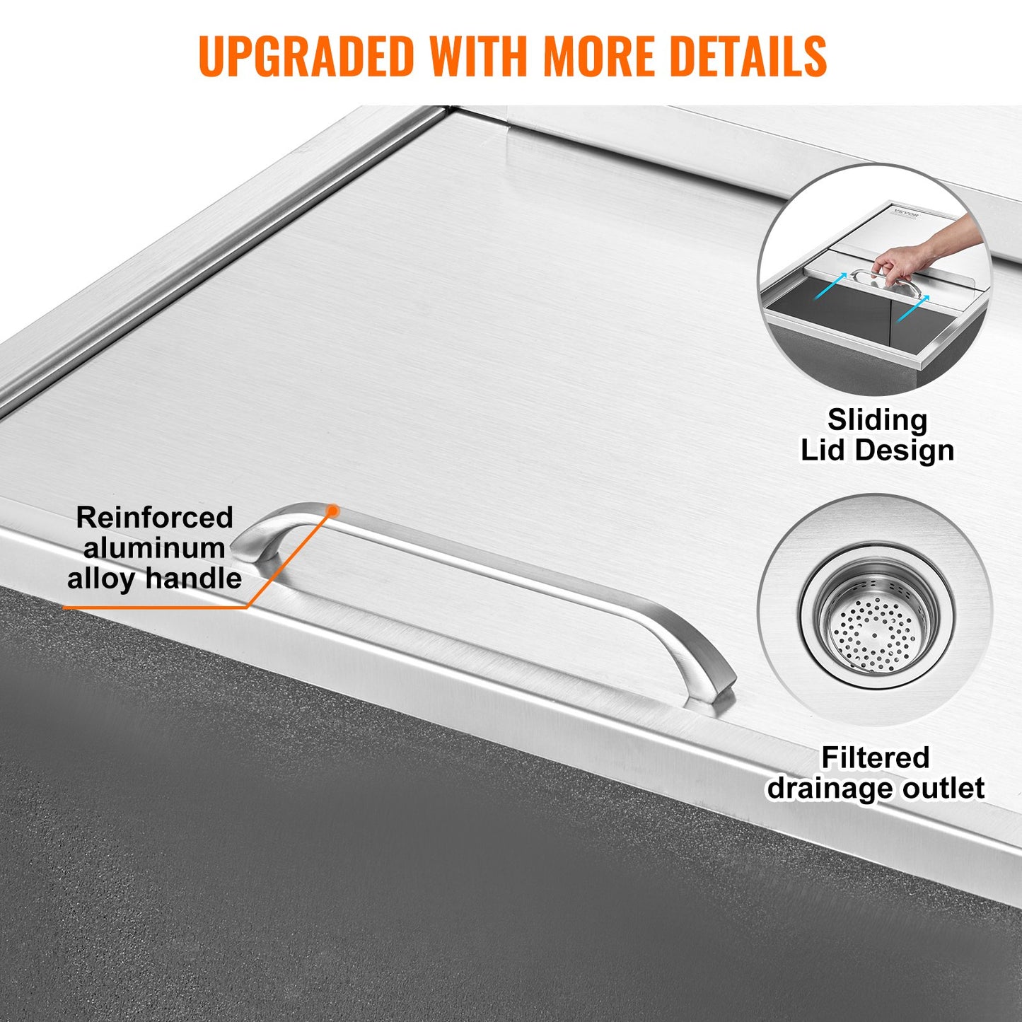 Nedsänkbar kylbox, 63 cm L x 43 cm B x 51 cm H Iskylare i rostfritt stål, kommersiell islåda med skjutbart lock, 1,8 l isbar för utomhuskök, avloppsrör och avtappningsplugg ingår, för kallt vin och öl