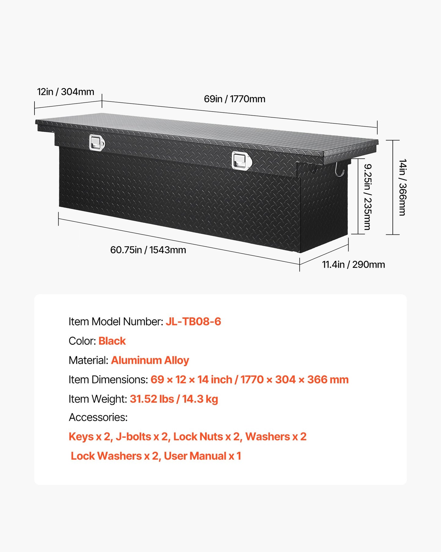 Verktygslåda för Crossover Truck, 69x12x14 tum, Kraftig verktygslåda i aluminium med diamantstruktur, Verktygslåda för pickup-flak, husbilssläpvagn, Vattentät förvaringsorganisatör med lås, nycklar, sidohandtag, svart