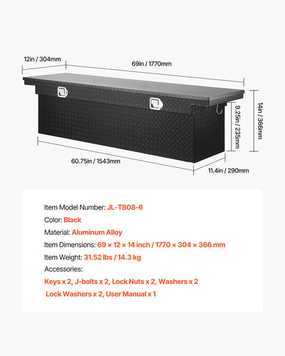 Verktygslåda för Crossover Truck, 69x12x14 tum, Kraftig verktygslåda i aluminium med diamantstruktur, Verktygslåda för pickup-flak, husbilssläpvagn, Vattentät förvaringsorganisatör med lås, nycklar, sidohandtag, svart