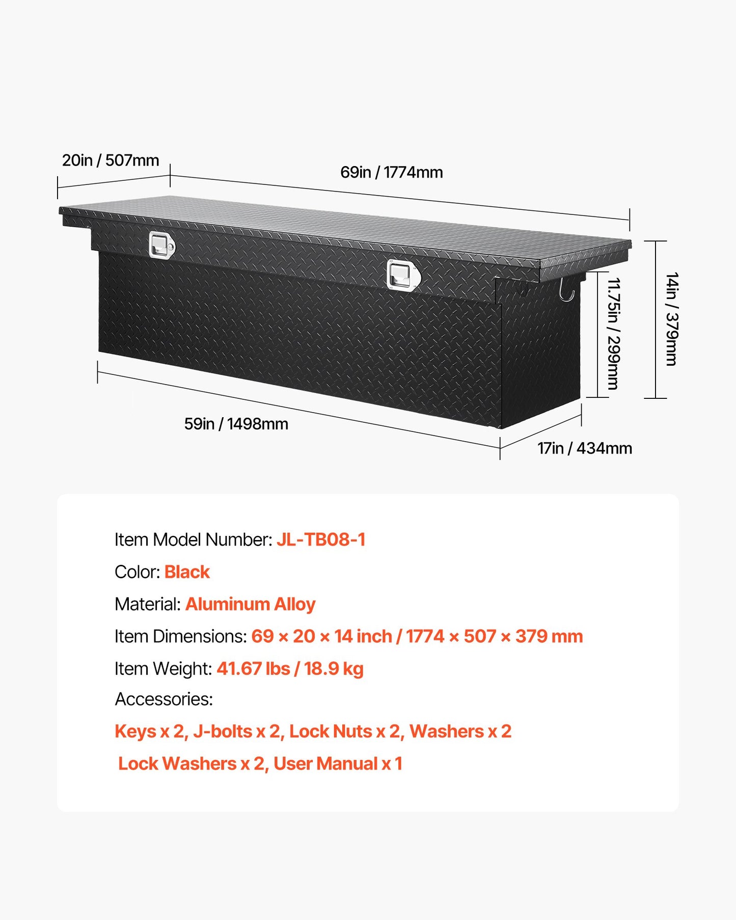 Verktygslåda för crossover-lastbil, 69x20x14 tum, kraftig verktygslåda i aluminium med diamantstruktur, verktygslåda för pickup-flak, husbilssläpvagn, vattentät förvaringsorganisatör med lås, nycklar, sidohandtag, svart