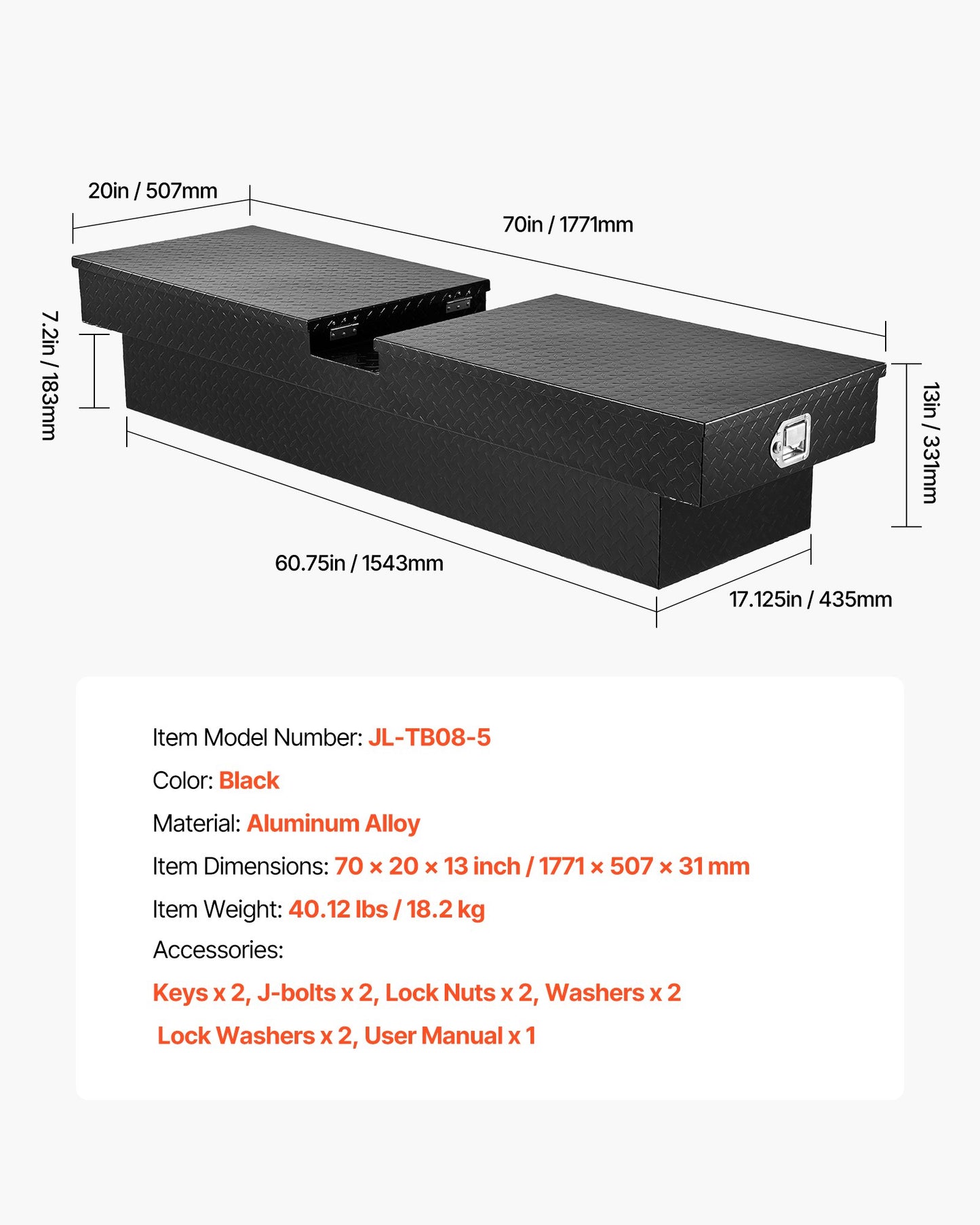 Verktygslåda för Crossover Truck, 70x20x13 tum, Kraftig verktygslåda i aluminium med diamantstruktur, Verktygslåda för pickup-flak, husbilssläpvagn, Vattentät förvaringsorganisatör med lås, nycklar, sidohandtag, svart
