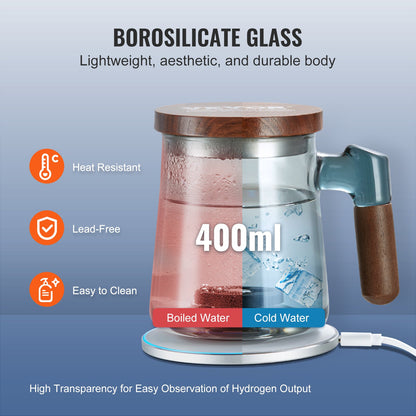 Vätgasvattenkopp, 400 ml / 14,1 oz vätgasgenerator, SPE-teknik bärbar vätgasvattenjonisator med trådlös laddningsbas, vätgasrik vattenflaska i glas, hälsokopp