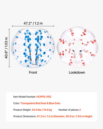 Uppblåsbara Bumper Balls 2-pack, 4FT/1.2M Body Sumo Zorb-bollar för tonåringar och vuxna, 0.8mm tjocka PVC-mänskliga hamsterbubbelbollar för utomhuslek, Bumper Bopper-leksaker för trädgård, gård, park