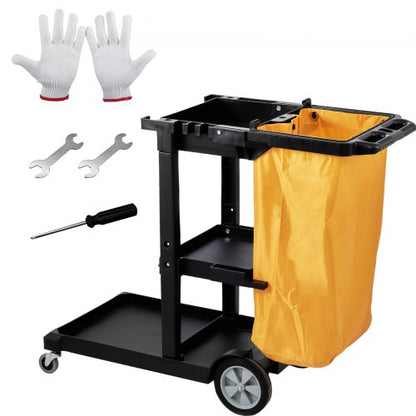 Städvagn, kommersiell städvagn med 3 hyllor, plastvagn med kapacitet på 90 kg, med 100-liters PVC-påse, 120 x 51 x 98 cm, gul + svart