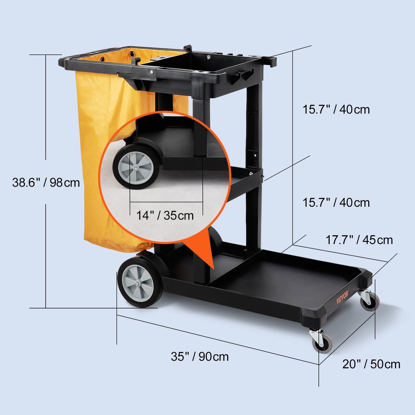 Städvagn, kommersiell städvagn med 3 hyllor, plastvagn med kapacitet på 90 kg, med 100-liters PVC-påse, 120 x 51 x 98 cm, gul + svart