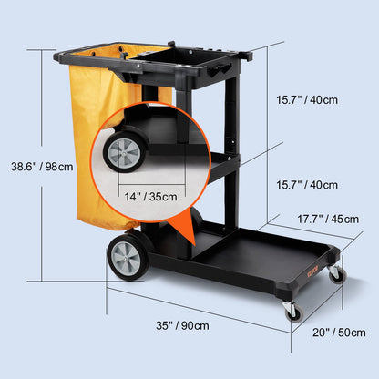 Städvagn, kommersiell städvagn med 3 hyllor, plastvagn med kapacitet på 90 kg, med 100-liters PVC-påse, 120 x 51 x 98 cm, gul + svart