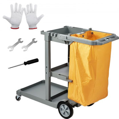 Städvagn, kommersiell städvagn med 3 hyllor, plastvagn med kapacitet på 90 kg, med 100-liters PVC-påse, 120 x 51 x 98 cm, gul+grå