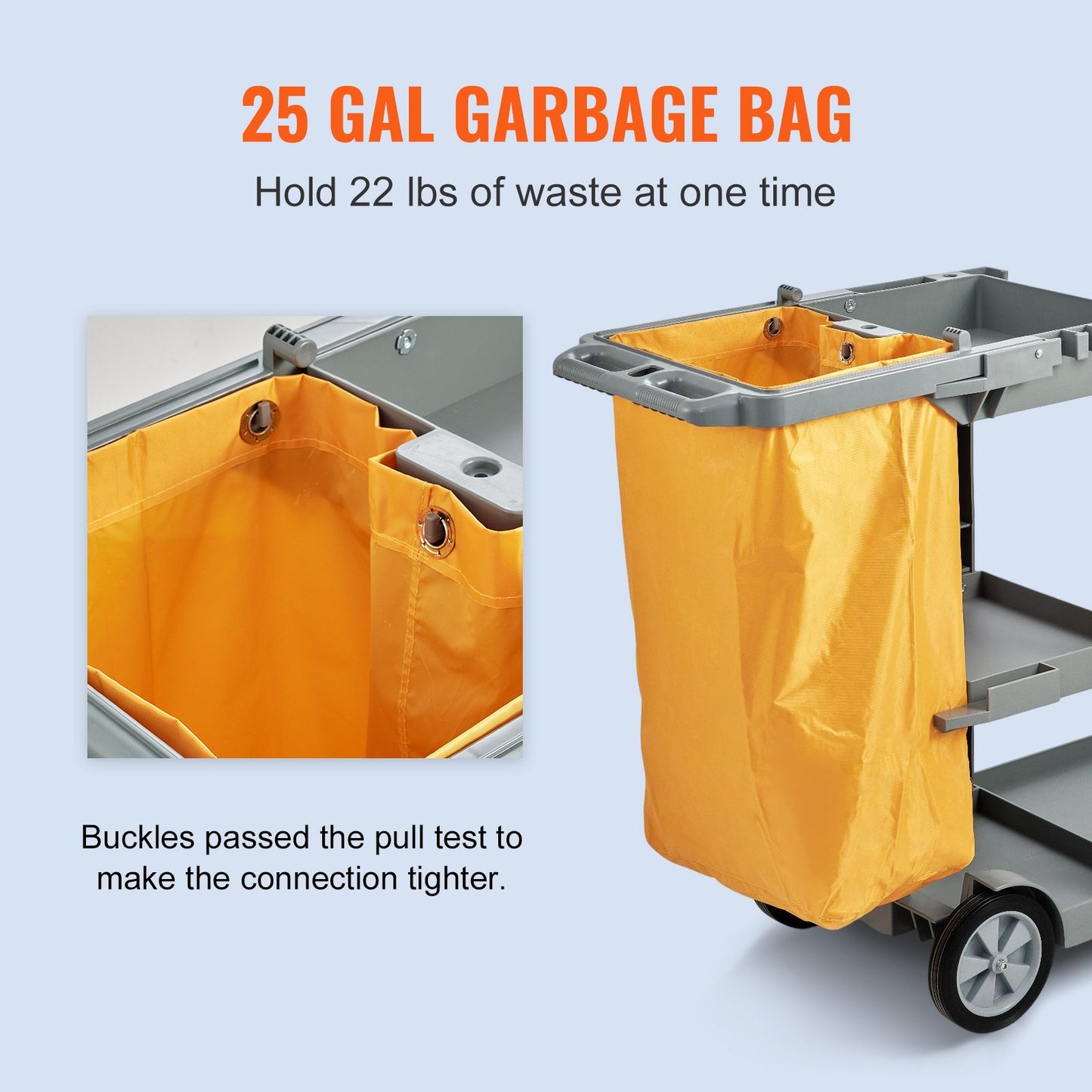 Städvagn, kommersiell städvagn med 3 hyllor, plastvagn med kapacitet på 90 kg, med 100-liters PVC-påse, 120 x 51 x 98 cm, gul+grå