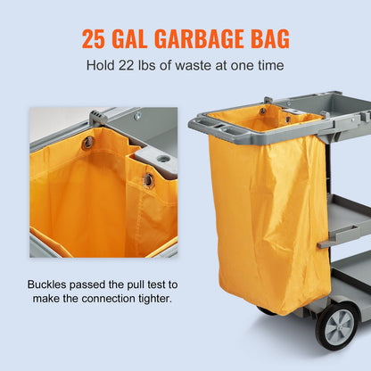 Städvagn, kommersiell städvagn med 3 hyllor, plastvagn med kapacitet på 90 kg, med 100-liters PVC-påse, 120 x 51 x 98 cm, gul+grå