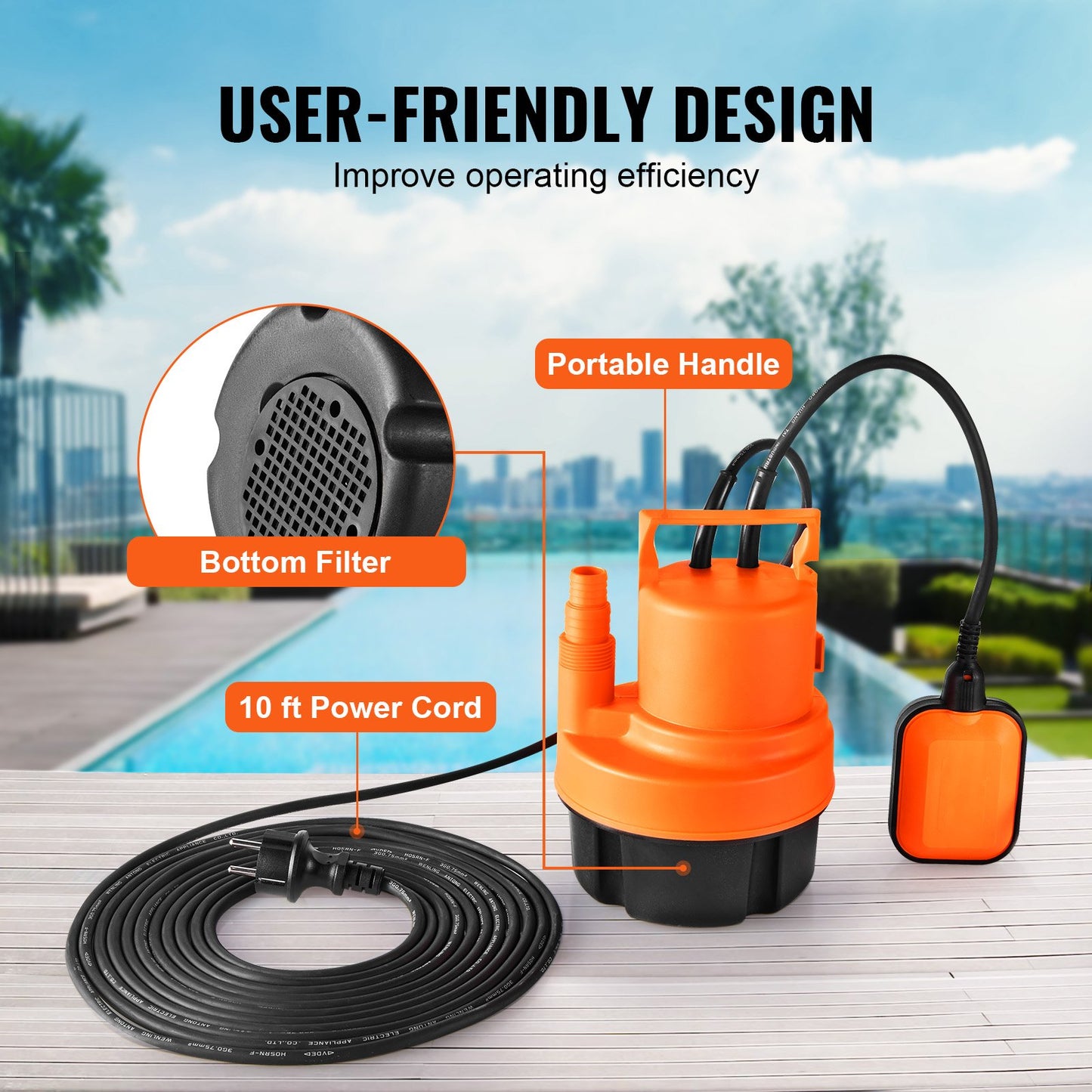 Dränkbar vattenpump för allmännyttiga ändamål, 320 W, 1585 GPH/6002 LPH, 7 m tryckhöjd, vattenpump