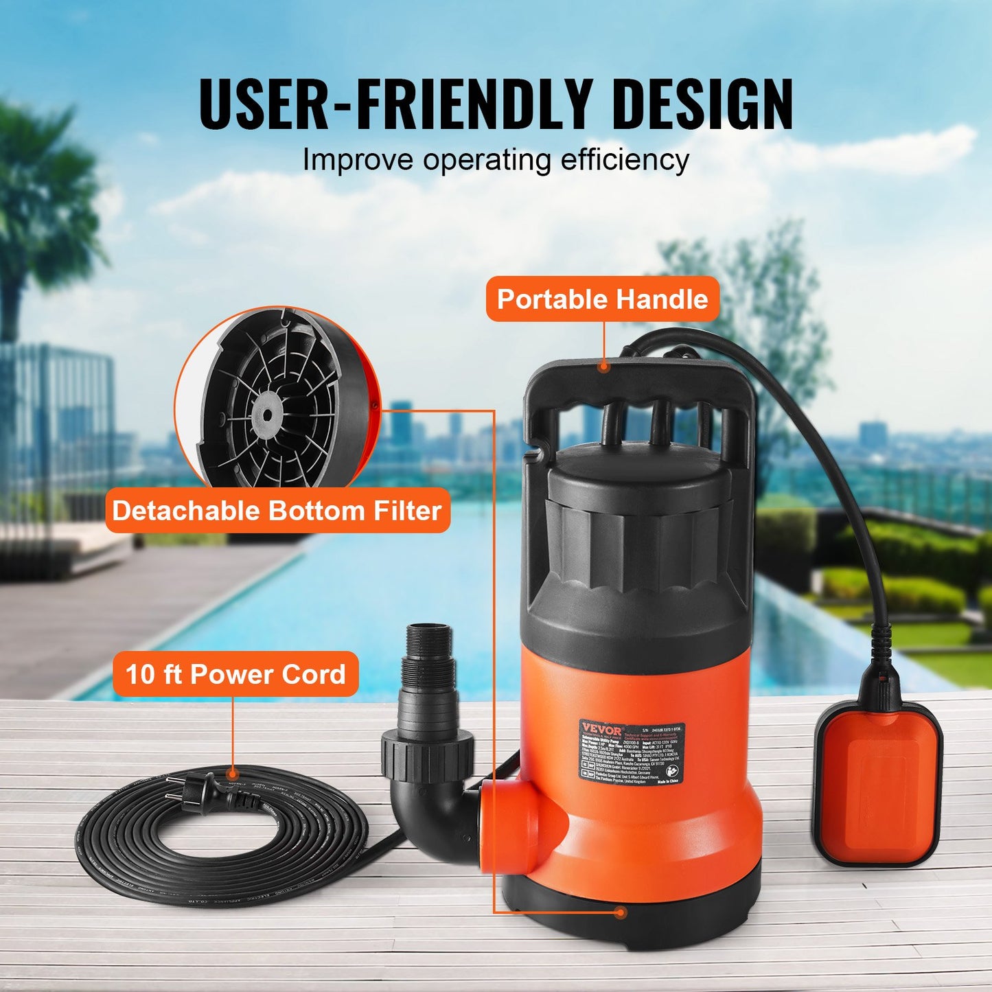 Dränkbar vattenpump för allmännyttiga ändamål, 400 W, 2510 GPH/9506 LPH, 7,9 m tryckhöjd, vattenpump