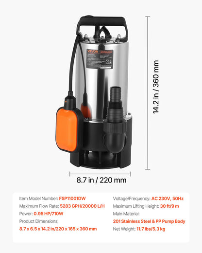710W dränkbar sumppump, 20000 l/h, dränkbar avloppspump i rostfritt stål för smutsigt rent vatten med automatisk flottörbrytare, lång sladd, 9 m maxlyft, för pooler, trädgård, dammar, översvämmade områden