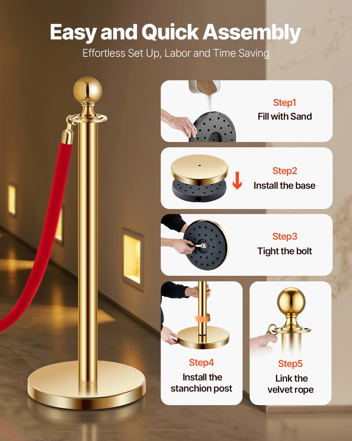 Stolpe, 8 st. avspärrningsset för folkmassor med 6 röda sammetsrep, 1,5 m rostfritt stål, guldfärgad stolpekö med sandinjektionsbas för teater, fest, bröllop, utställning