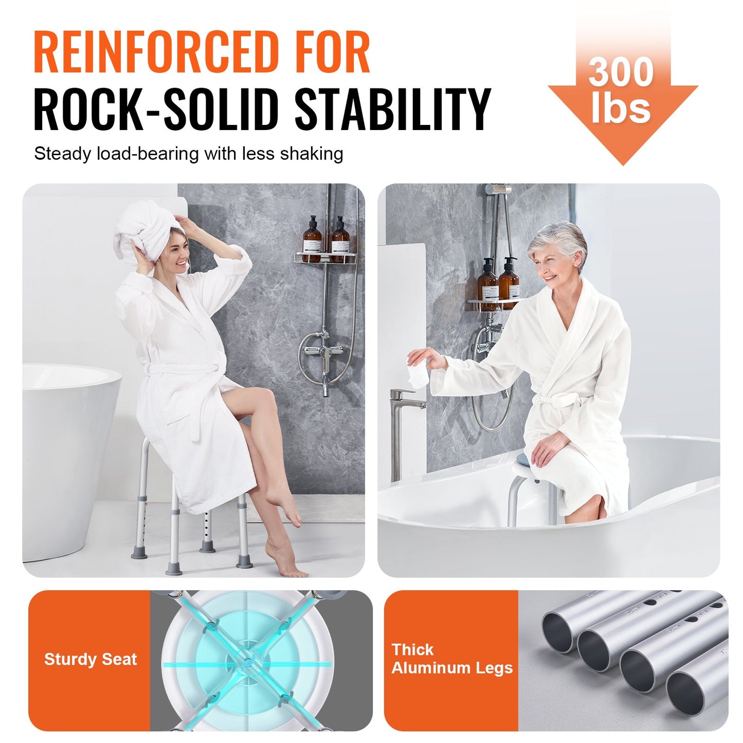 Duschstol 360 graders roterande, justerbar höjd duschpall sits, badstol för inuti dusch eller badkar, halkfri bänk badkarspall sits för äldre med funktionsnedsättning, 136,1 kg kapacitet