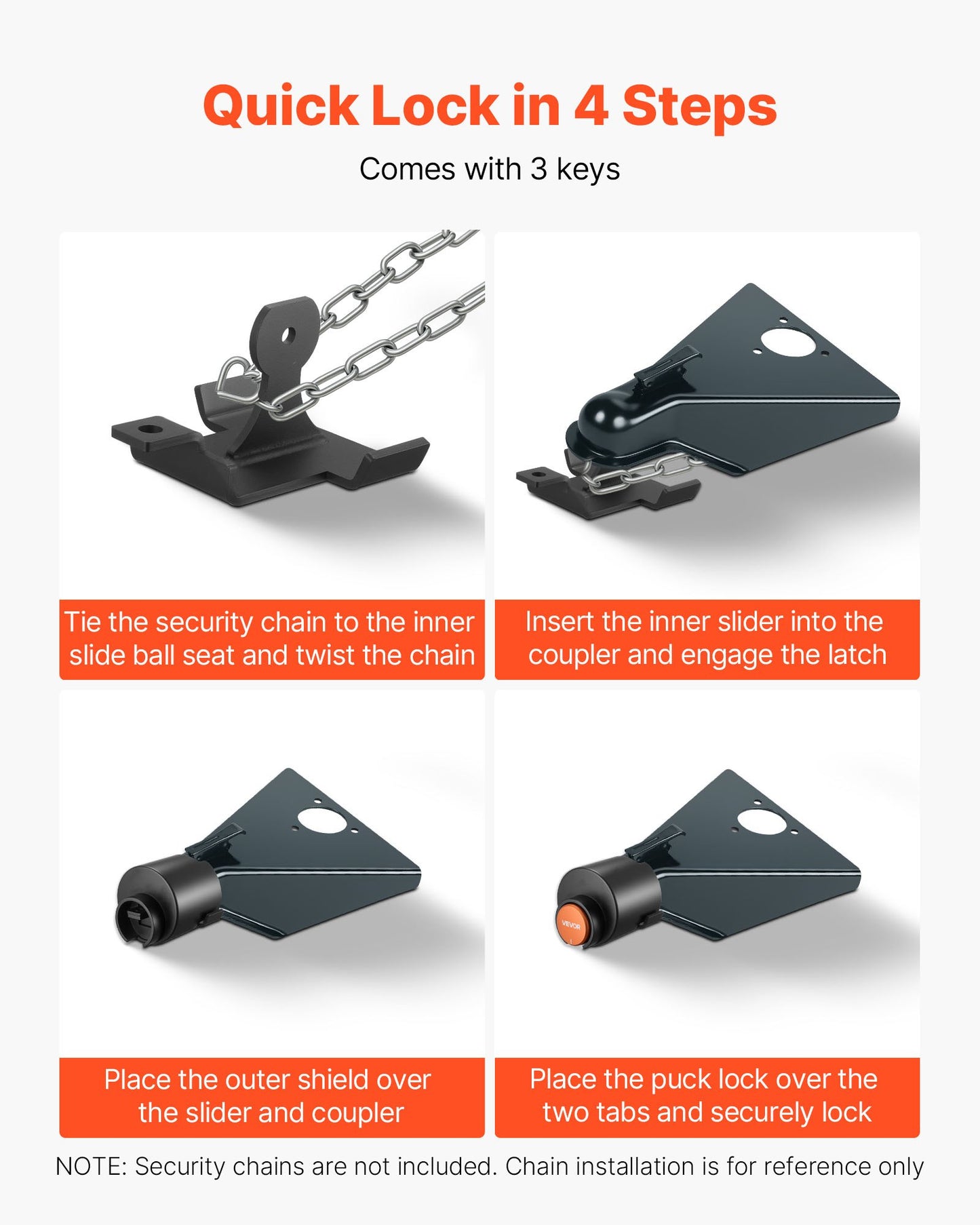 Släpvagnslås, passar 50,6 och 58,6 mm raka kulkopplingar, kraftigt dragkrokslås med 3 nycklar som säkrar säkerhetskedjor, stöldskyddande tunglås för husbil, släpvagn, båt